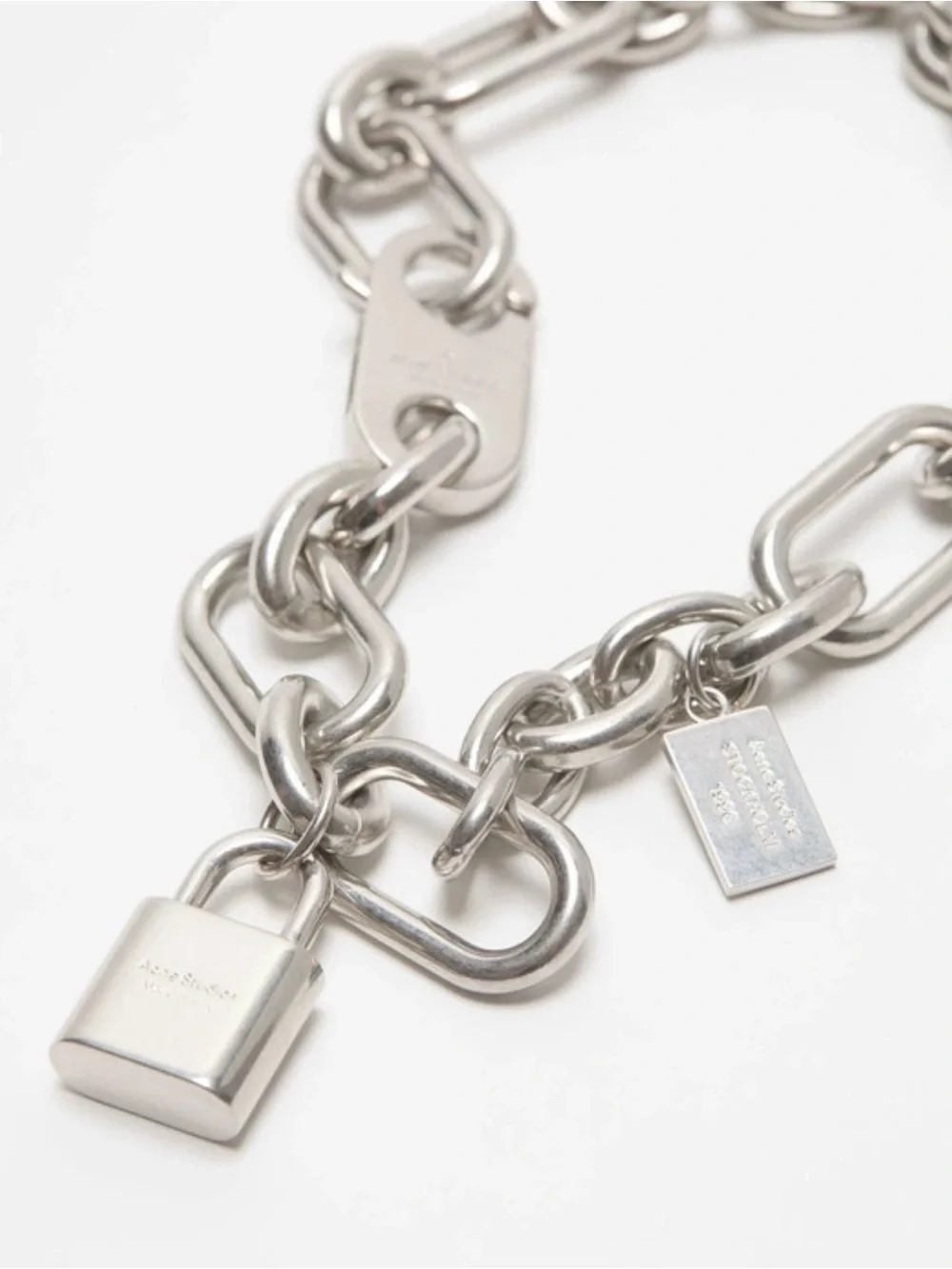Acne Studio Logo Padlock Chain Necklace Link Charm Vintage Silver